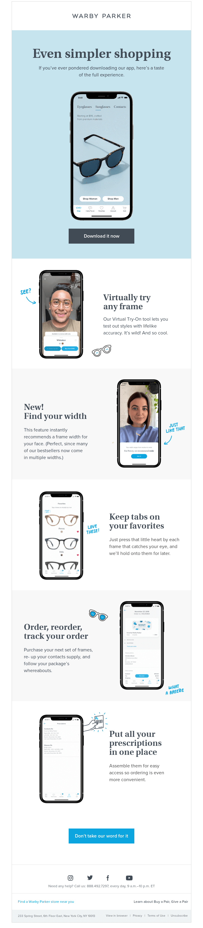 Warby Parker email that demonstrates the value of downloading their mobile app.