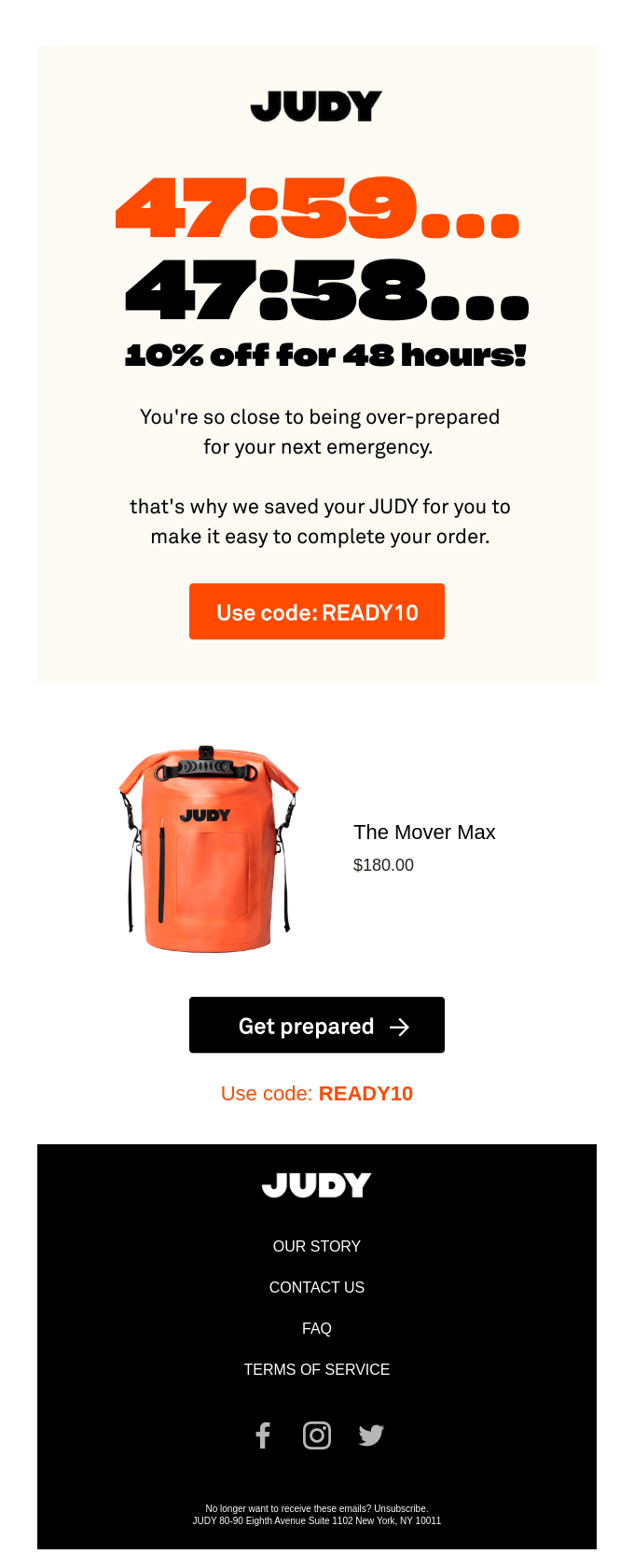 Judy email marketing campaign offering 10% off a purchase for 48 hours.