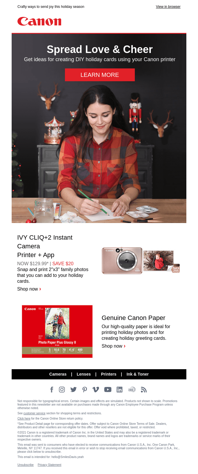 Email campaign telling readers they can make DIY holiday cards with their Canon printer.