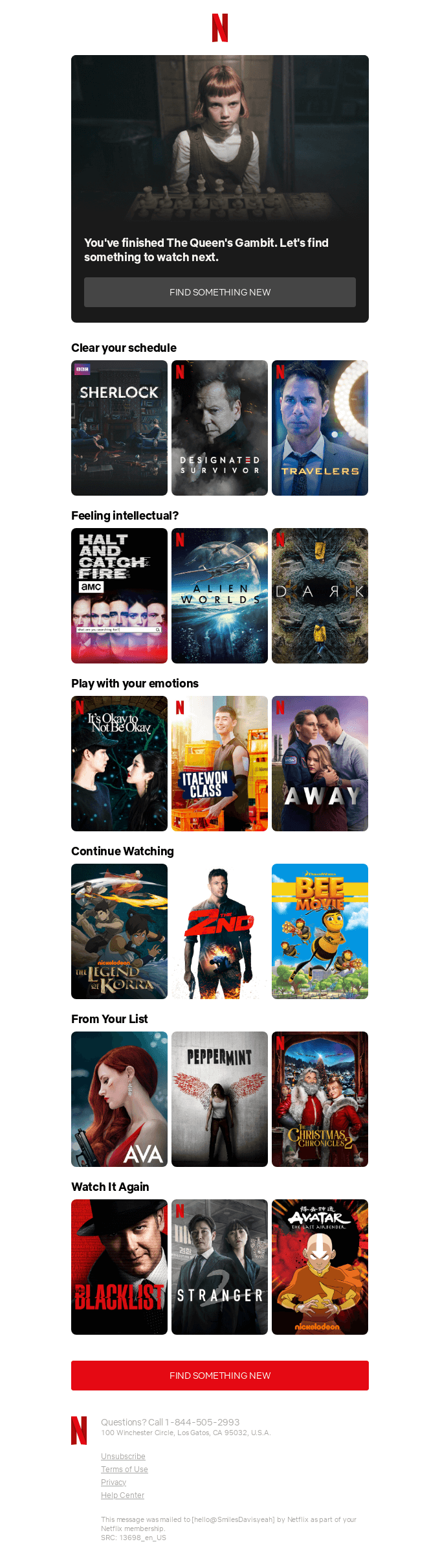 Netflix email marketing campaign recommending movies and shows based on the subscriber's watch history.