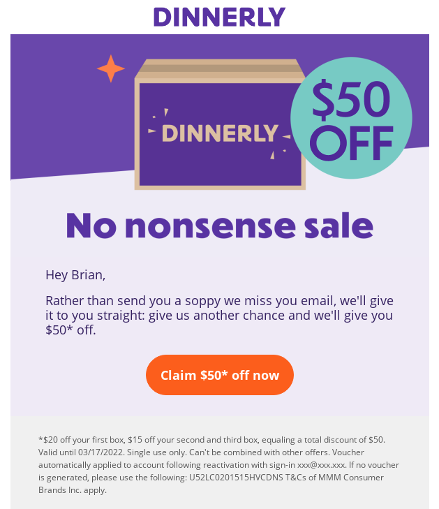 Dinnerly re-engagement email campaign with $50 discount